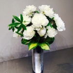 Majestic Pure White Peony, Lime and Vetiver Hosta Foliage with Passion Flower Foliage in Mercury Glass Vessel by Glenwood Weber Design