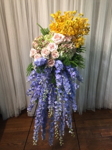 Sympathy Standing Spray Easel with French Blue Delphinium, Quicksand Roses, Antique Hydrangeas and Yellow Mokara Orchids